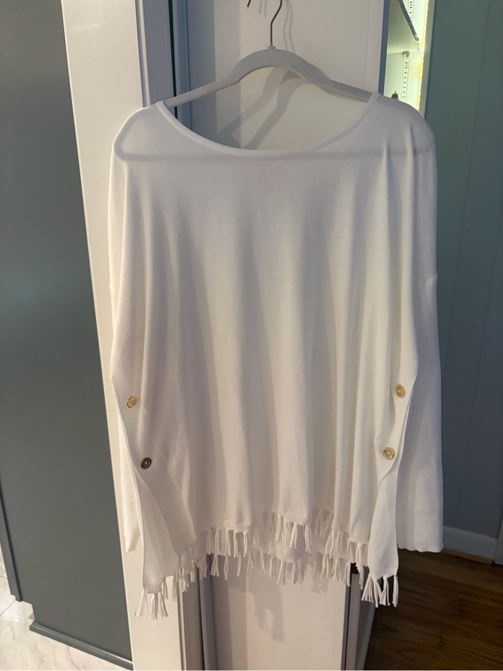 Lilly Pulitzer White Fringe Poncho with Gold Buttons